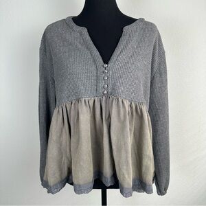 ADORA Grey Mineral Washed Babydoll Top Sz Small Waffle Knit Thermal Casual Boho